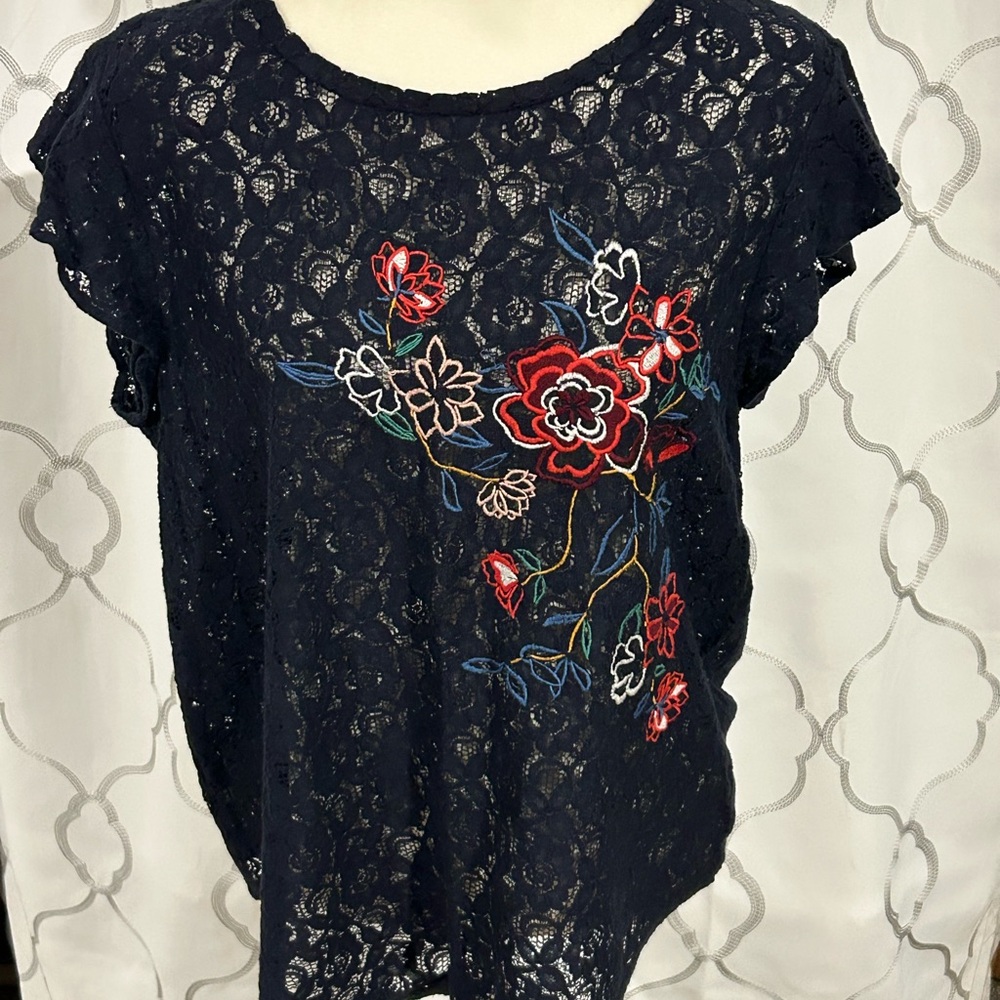 LOFT Navy Floral Embellished Lace Embroidered Blouse